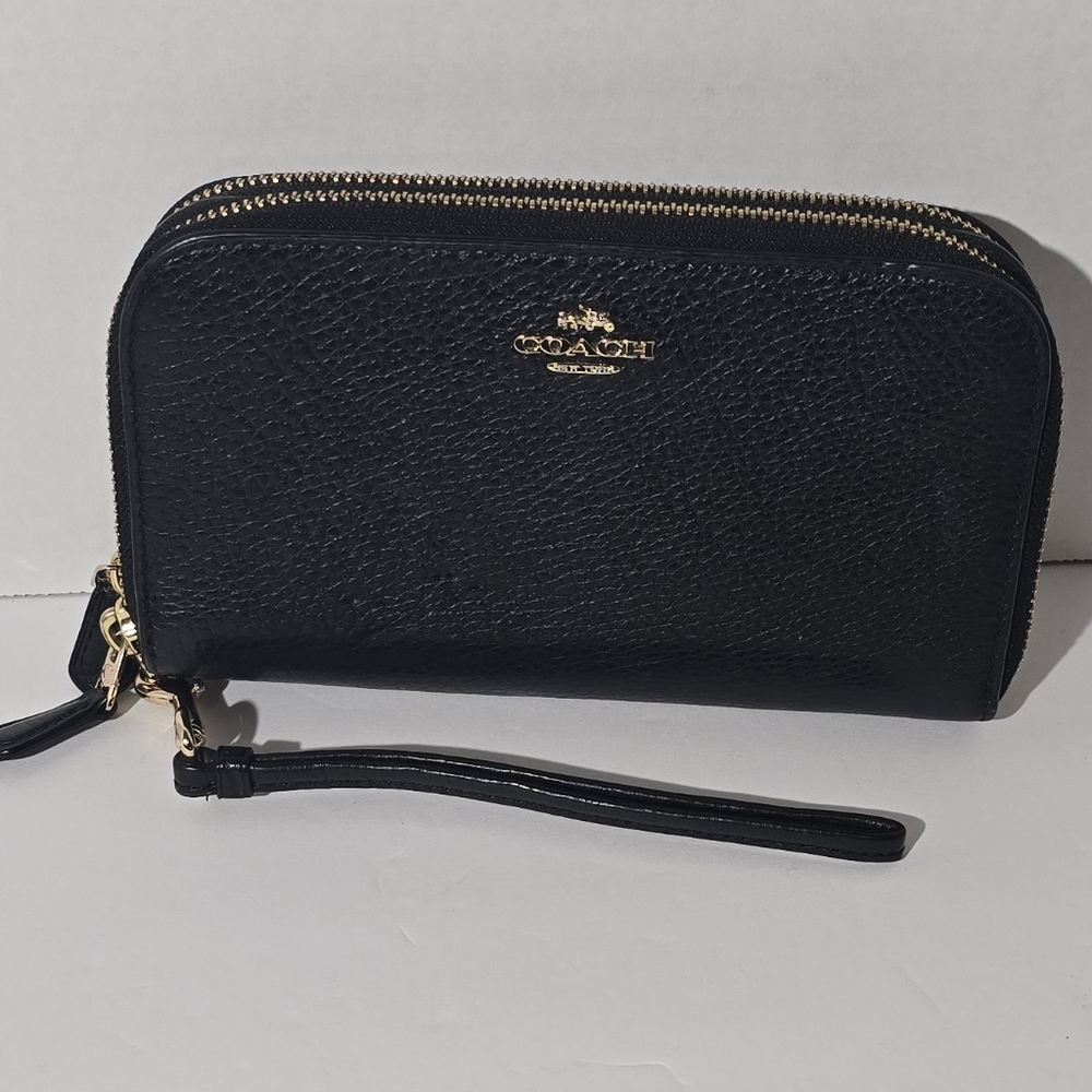 COACH Large Double Zip Wallet Wristlet Black Pebbled Leather F53891